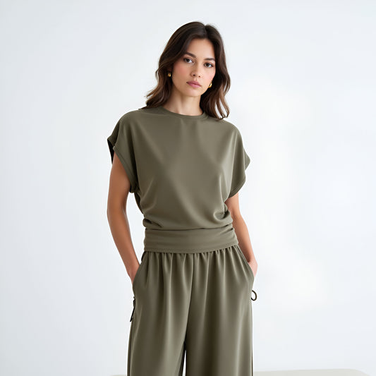 Ruched Side Cap Sleeve Top with Cinched Waist and Relaxed Fit