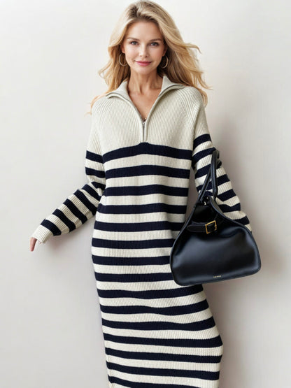 Striped Long Sleeve Sweater Dress with Half-Zip Detail