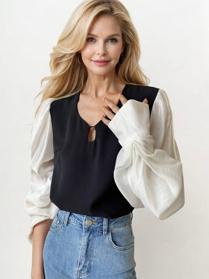 Keyhole Blouse with Statement Puff Sleeves and Contrast Design