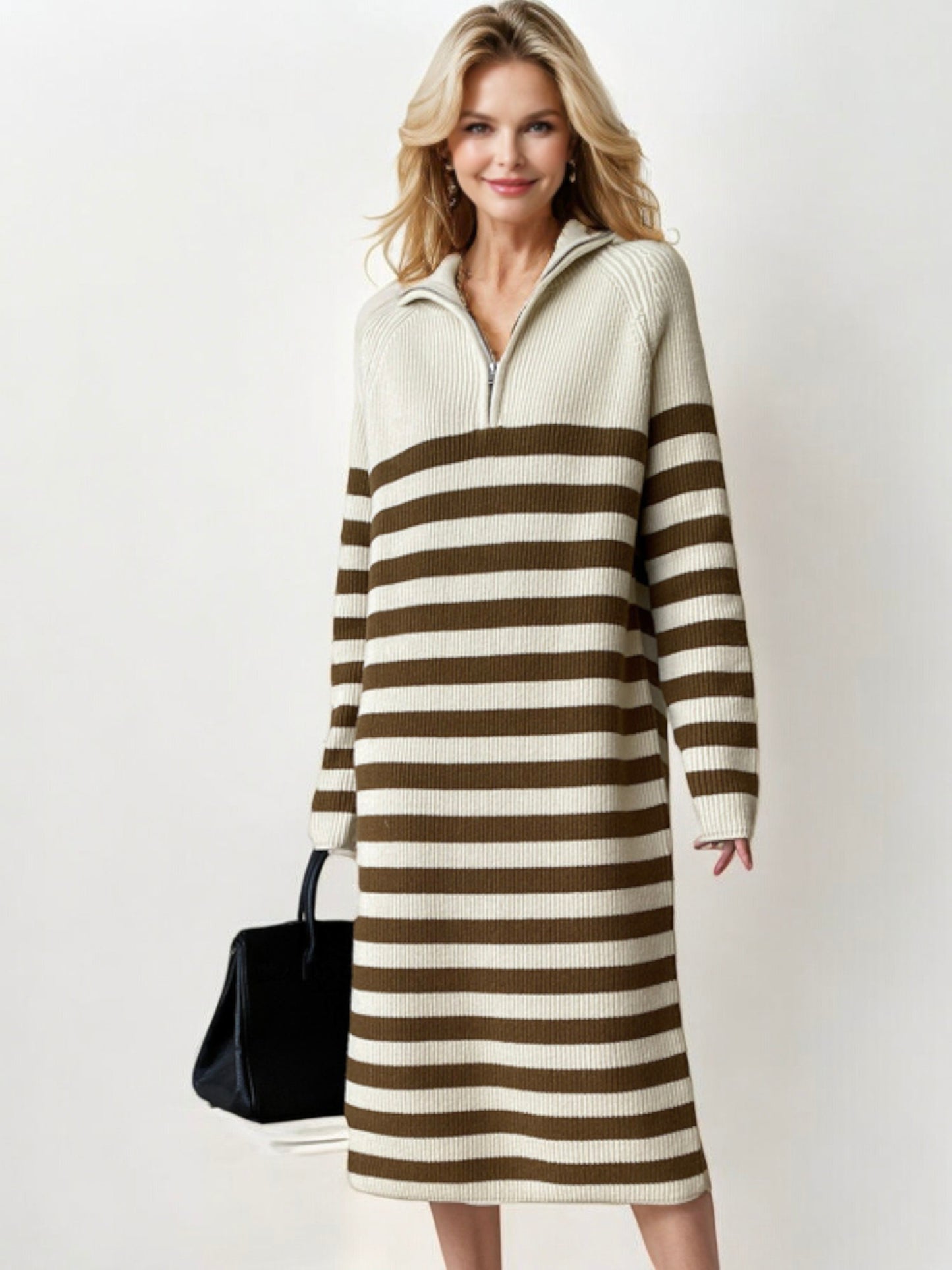 Striped Long Sleeve Sweater Dress with Half-Zip Detail