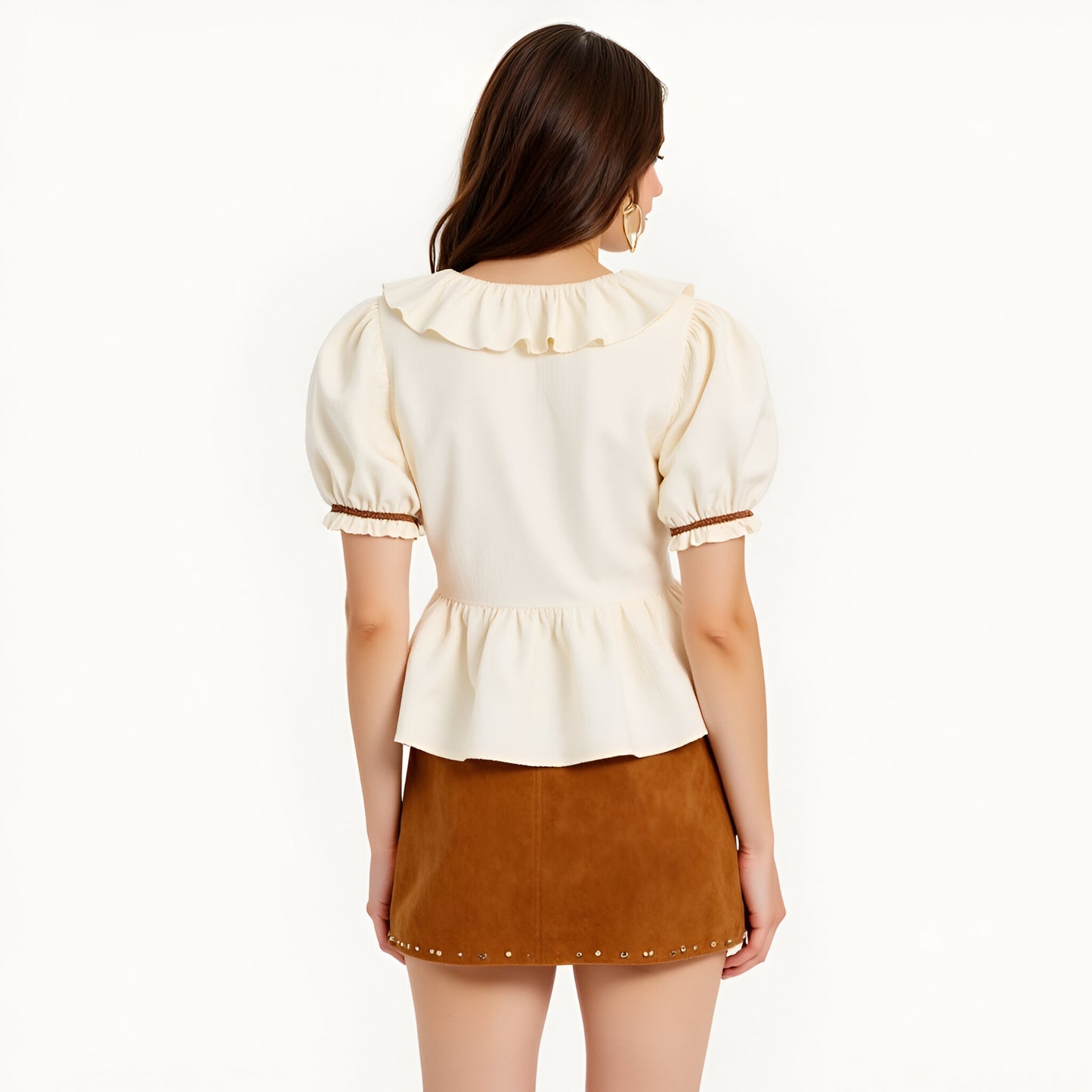 Ruffle Trim Peplum Blouse with Puff Sleeves and Tie Front