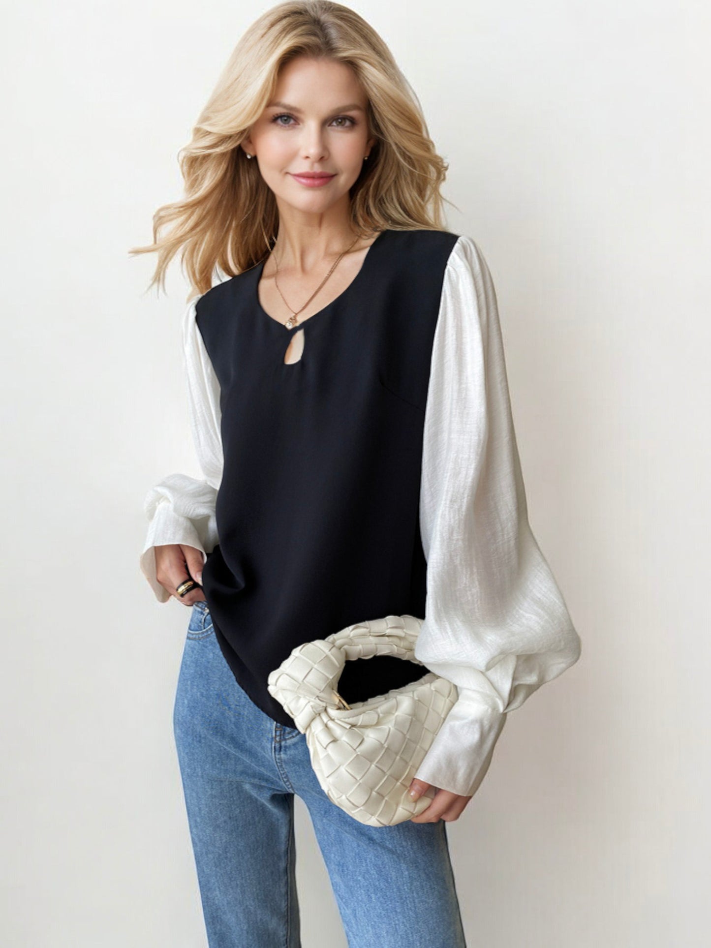 Keyhole Blouse with Statement Puff Sleeves and Contrast Design