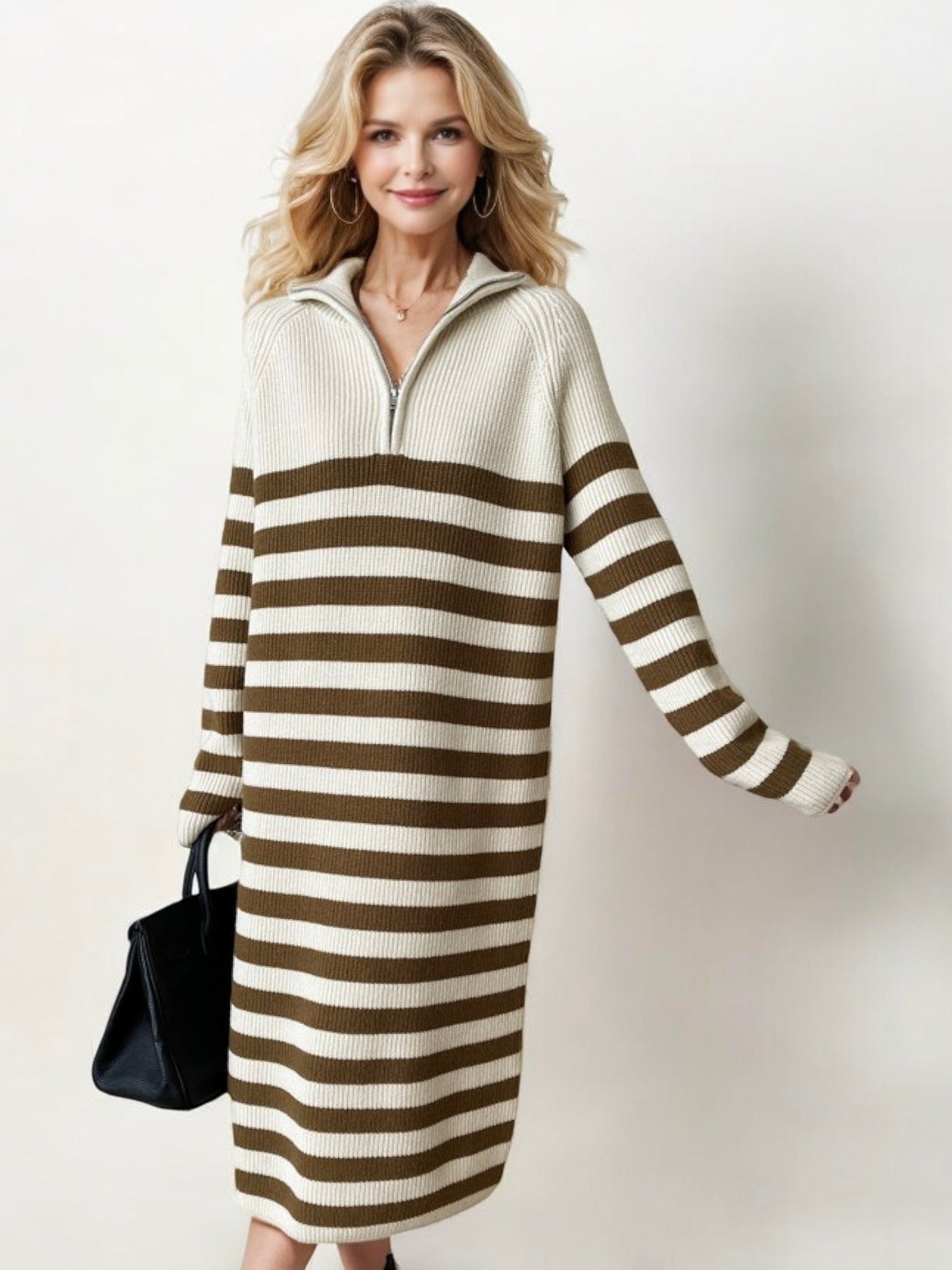 Striped Long Sleeve Sweater Dress with Half-Zip Detail