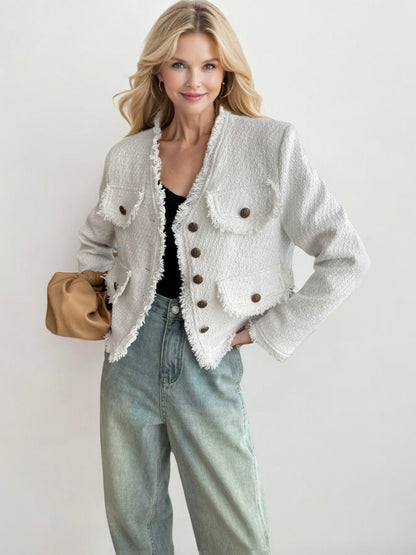 Frayed Edge Tweed Jacket with Button Front and Chest Pockets