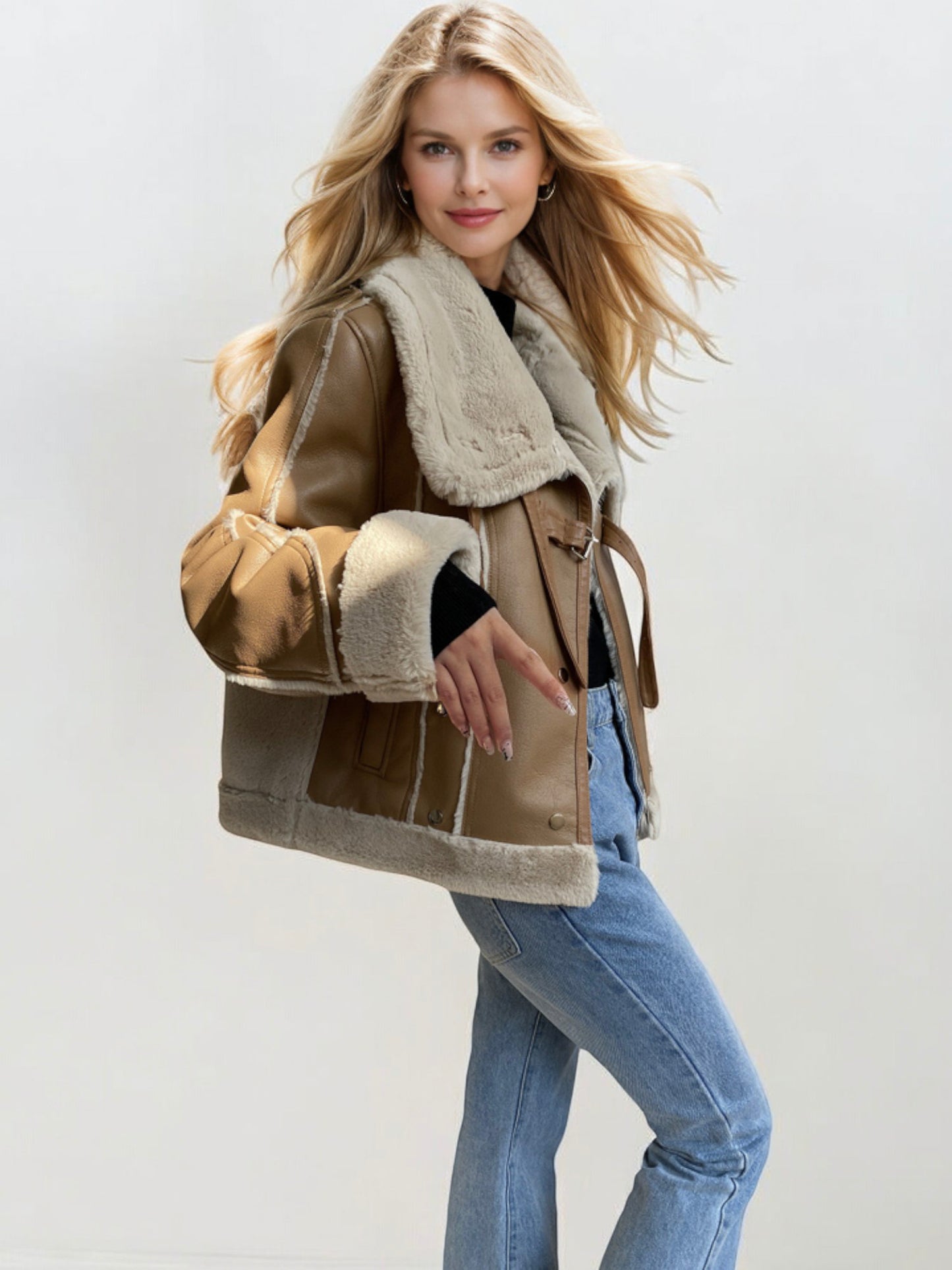 Sherpa Lined Faux Leather Jacket with Oversized Collar