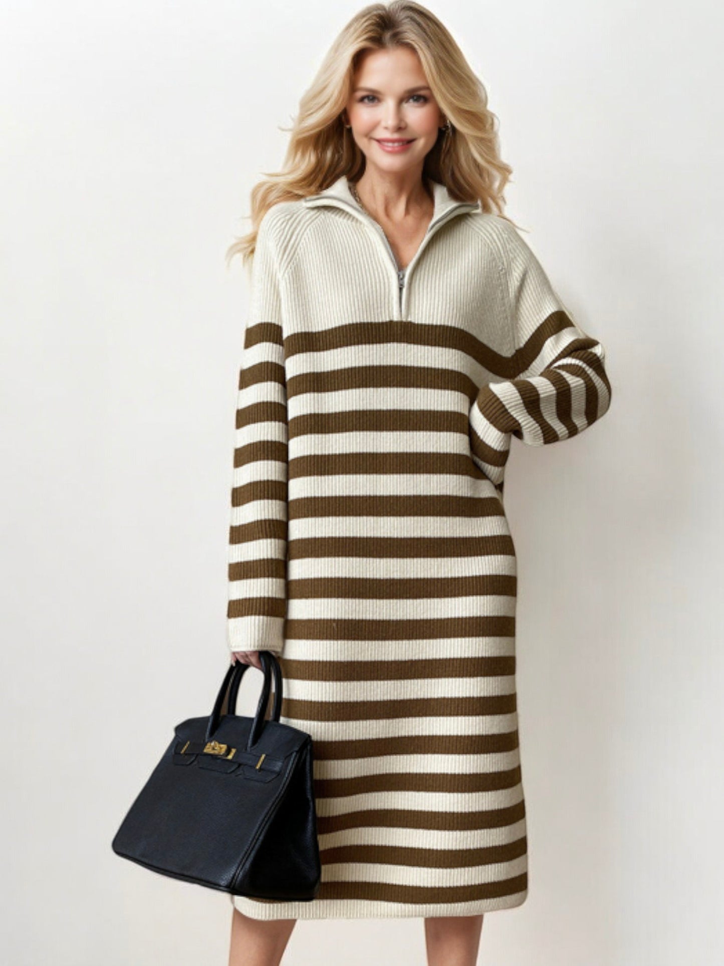 Striped Long Sleeve Sweater Dress with Half-Zip Detail