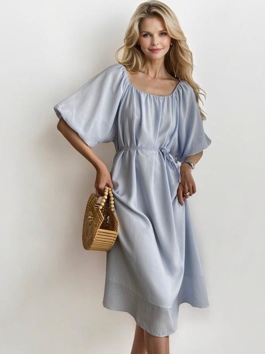 Puff Sleeve Midi Dress with Smocked Waist and Tie Belt