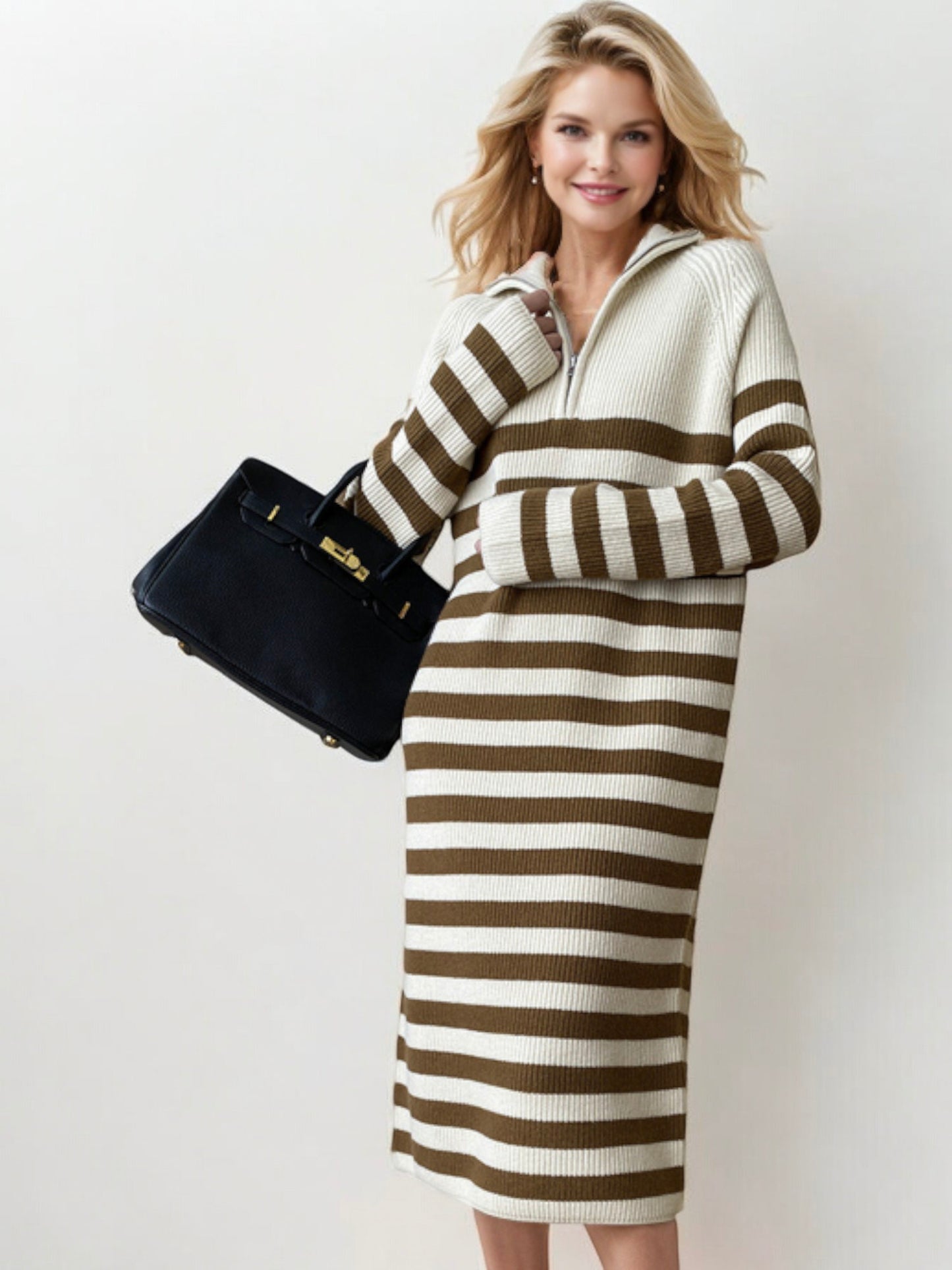 Striped Long Sleeve Sweater Dress with Half-Zip Detail