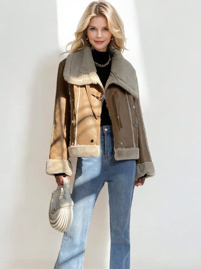 Sherpa Lined Faux Leather Jacket with Oversized Collar