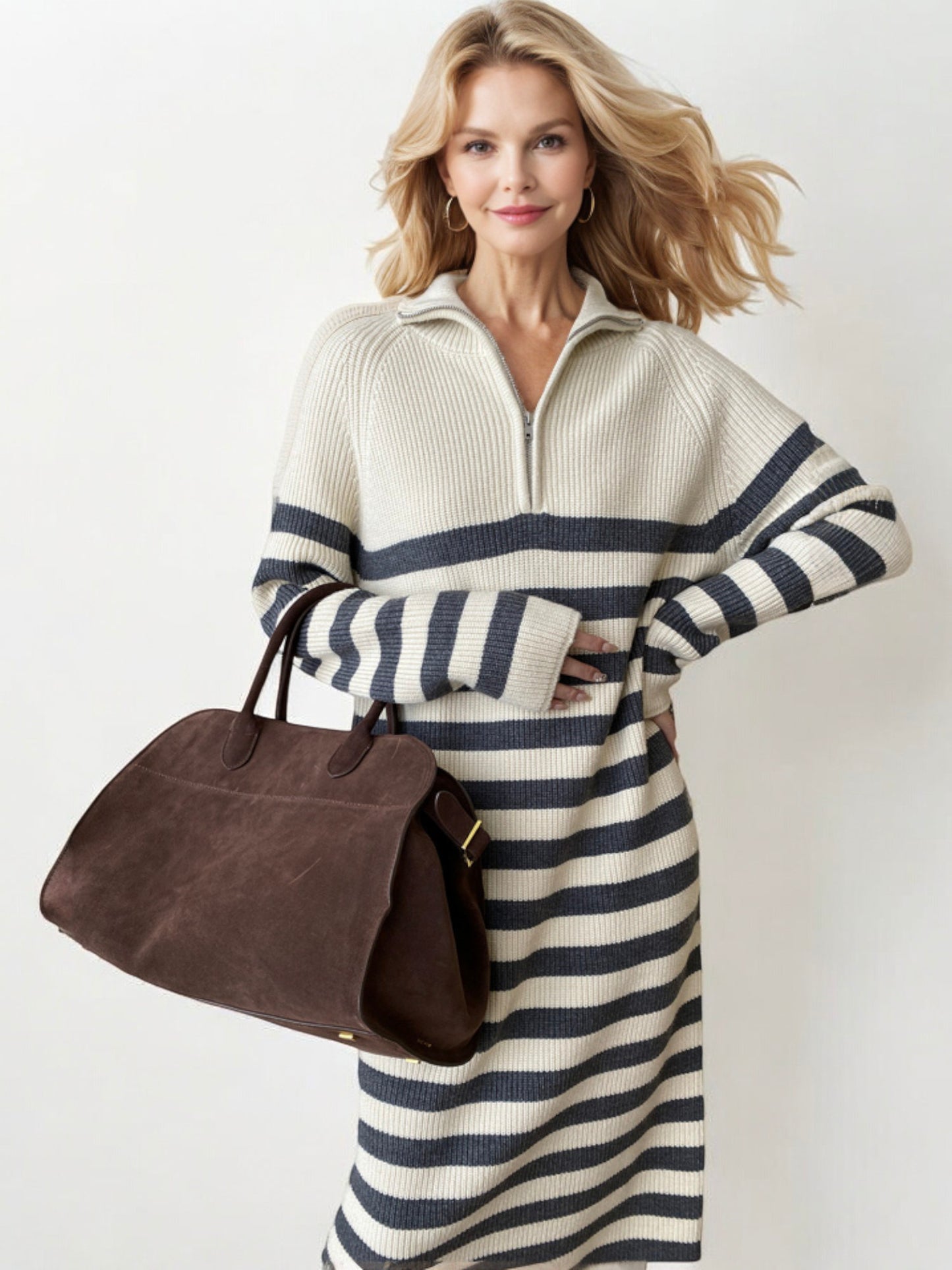 Striped Long Sleeve Sweater Dress with Half-Zip Detail