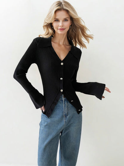 Ribbed Knit Button Down Sweater with Wide Collar