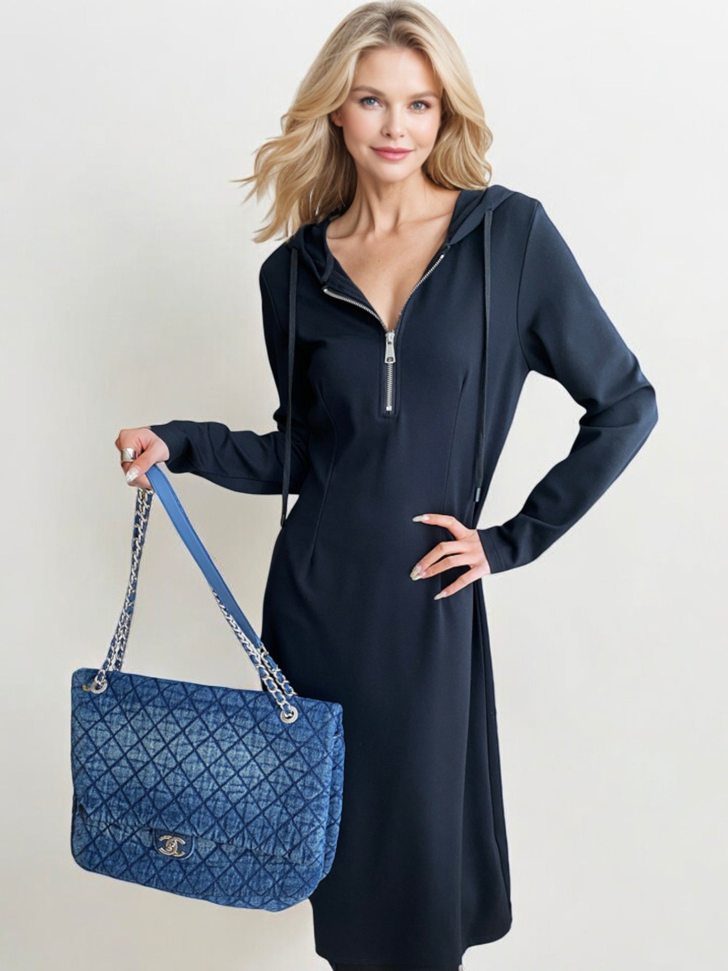 Long Sleeve Hoodie Dress with Front Zip Detail