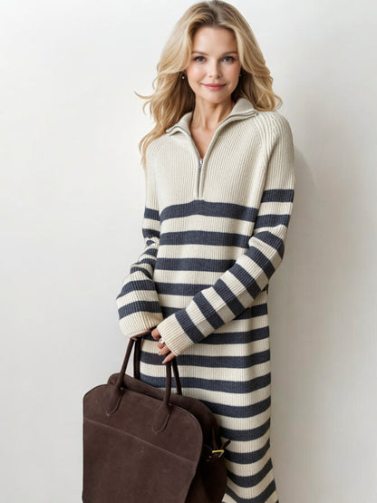 Striped Long Sleeve Sweater Dress with Half-Zip Detail