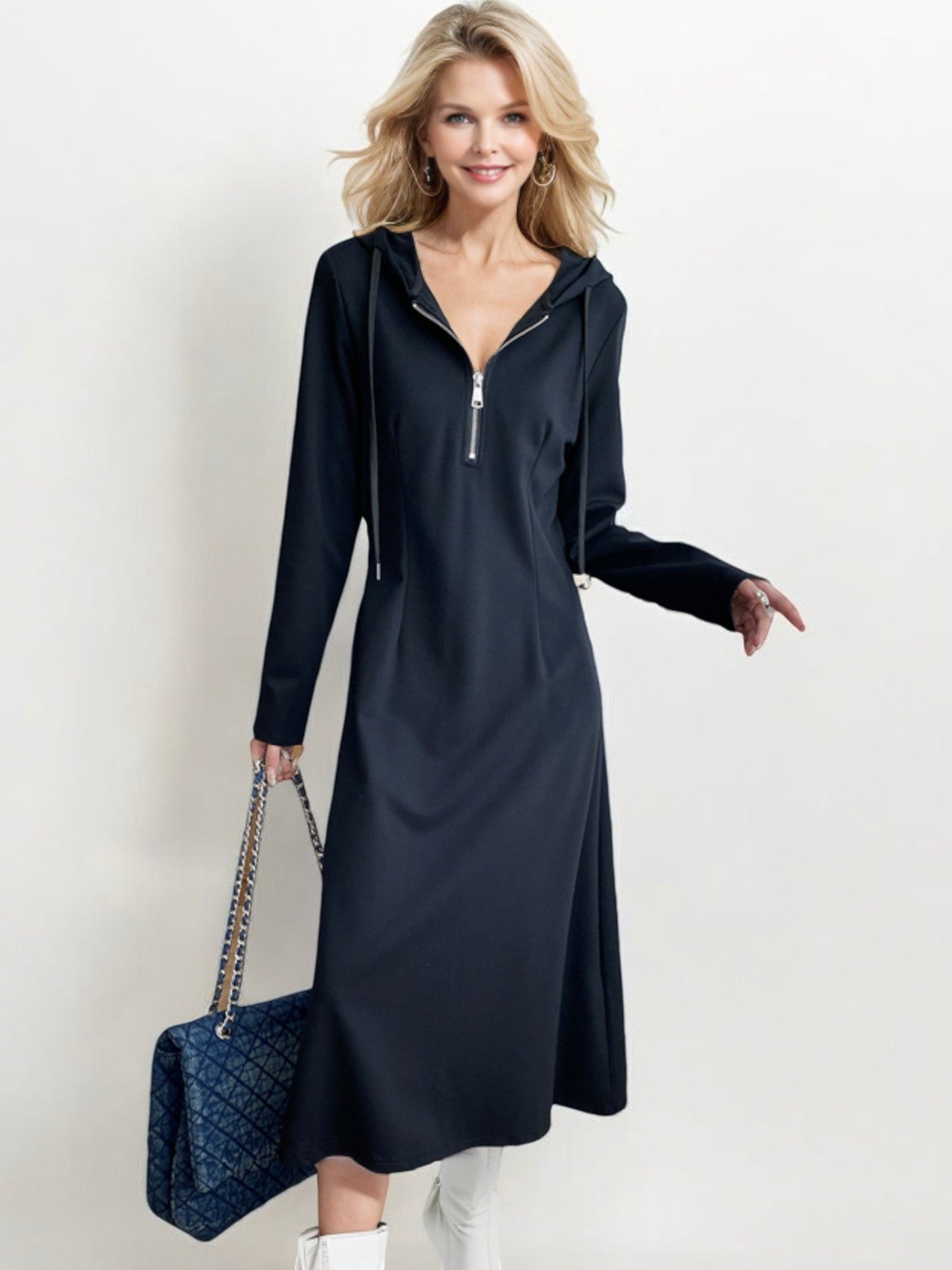 Long Sleeve Hoodie Dress with Front Zip Detail