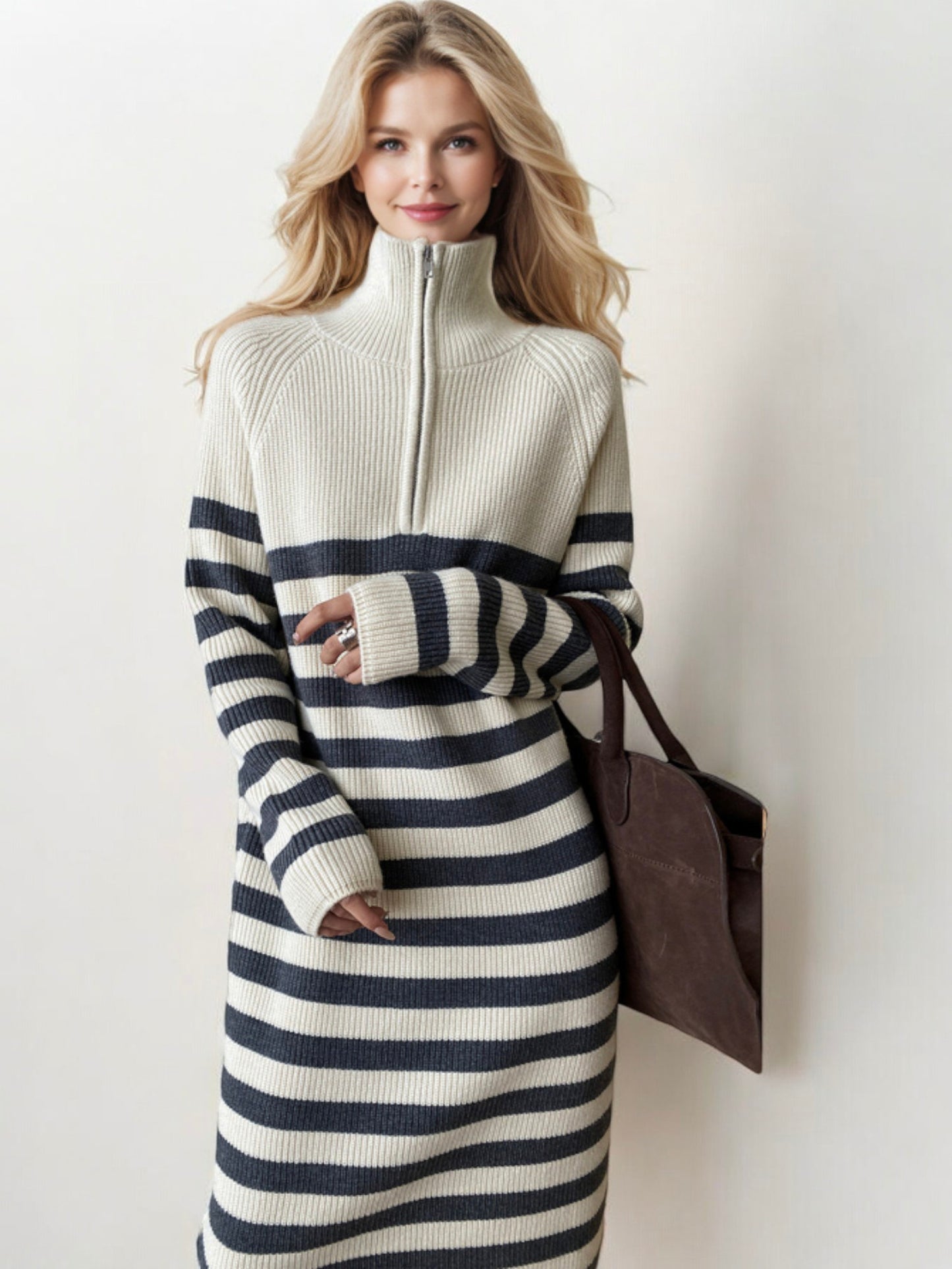 Striped Long Sleeve Sweater Dress with Half-Zip Detail