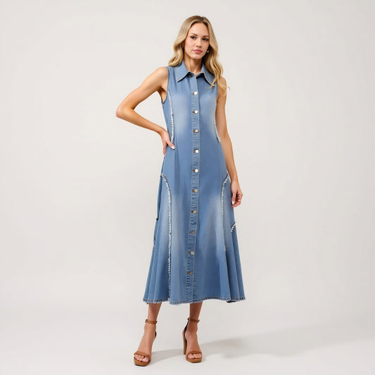 Sleeveless Denim Midi Dress with Frayed Seams and Button Front