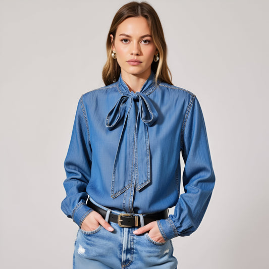 Chambray Tie-Neck Blouse with Hidden Button Closure and Long Sleeves