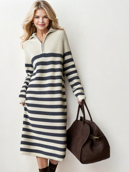 Striped Long Sleeve Sweater Dress with Half-Zip Detail