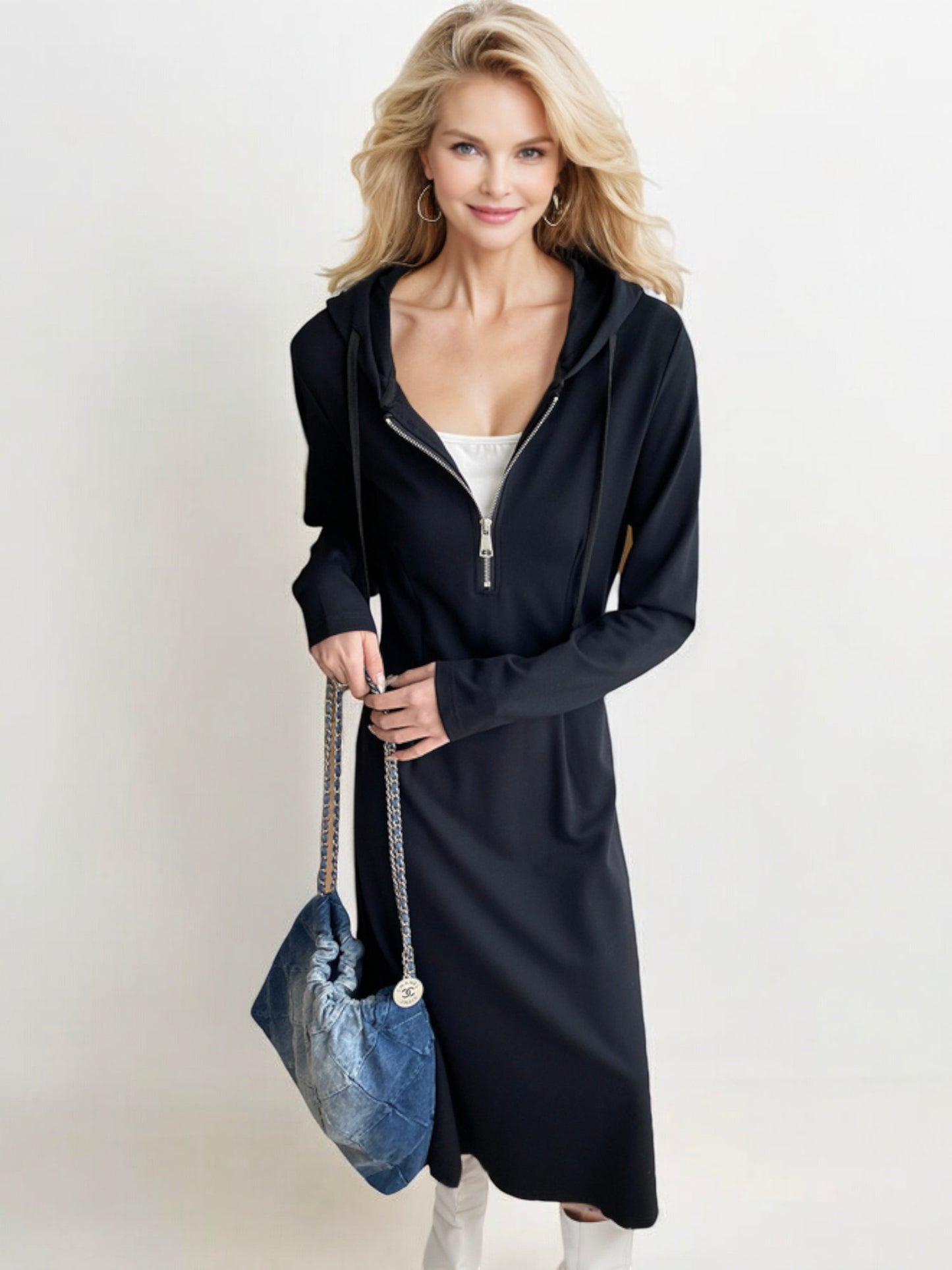 Long Sleeve Hoodie Dress with Front Zip Detail