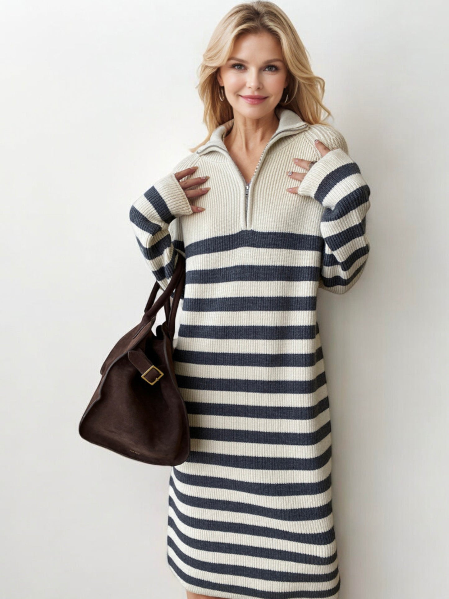 Striped Long Sleeve Sweater Dress with Half-Zip Detail