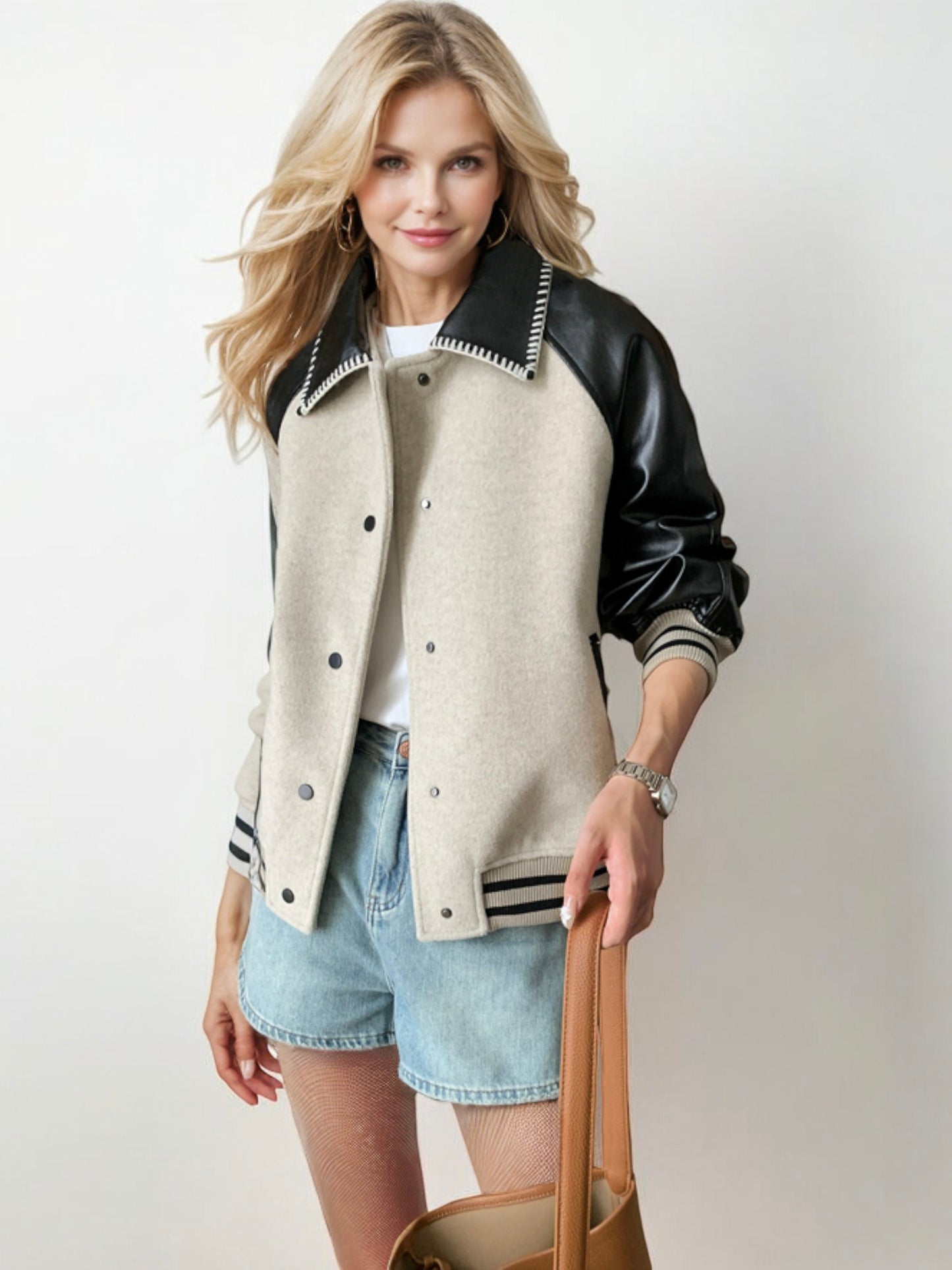 Varsity Bomber Jacket with Faux Leather Sleeves and Contrast Trim