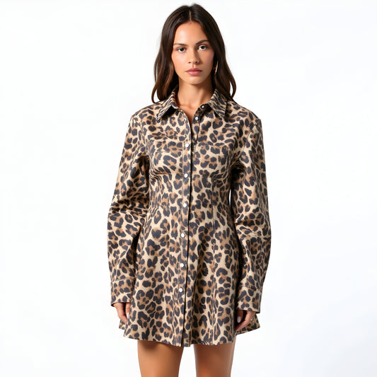 Leopard Print Mini Dress with Long Sleeves, Button Front and Pockets