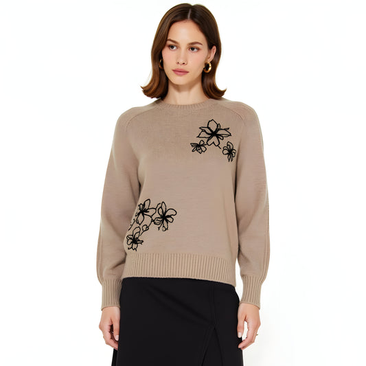 Crewneck Sweater with Embroidered Black Floral Motifs and Ribbed Trim