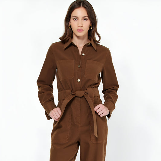 Corduroy Long Sleeve Jumpsuit with Belted Waist and Patch Pockets