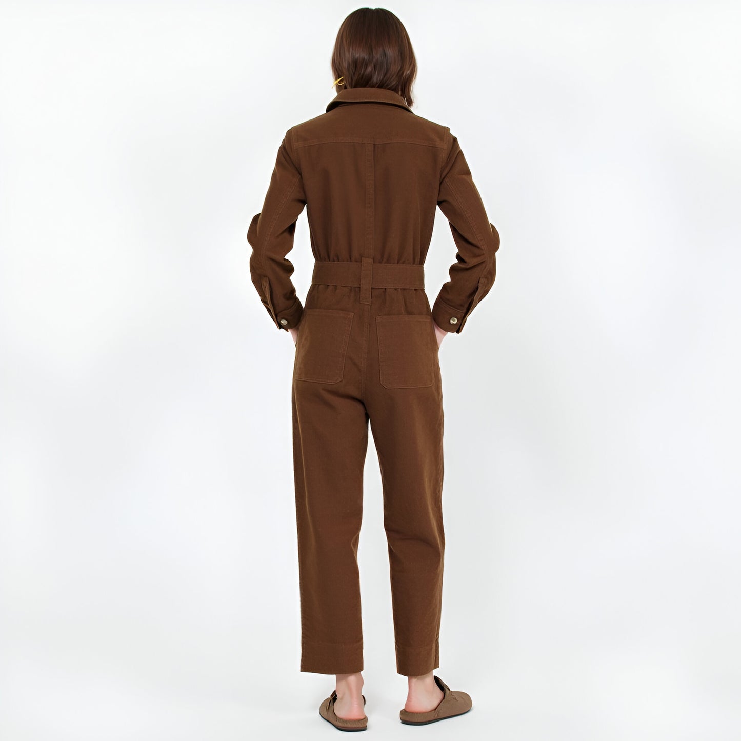 Corduroy Long Sleeve Jumpsuit with Belted Waist and Patch Pockets