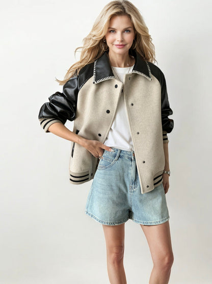 Varsity Bomber Jacket with Faux Leather Sleeves and Contrast Trim