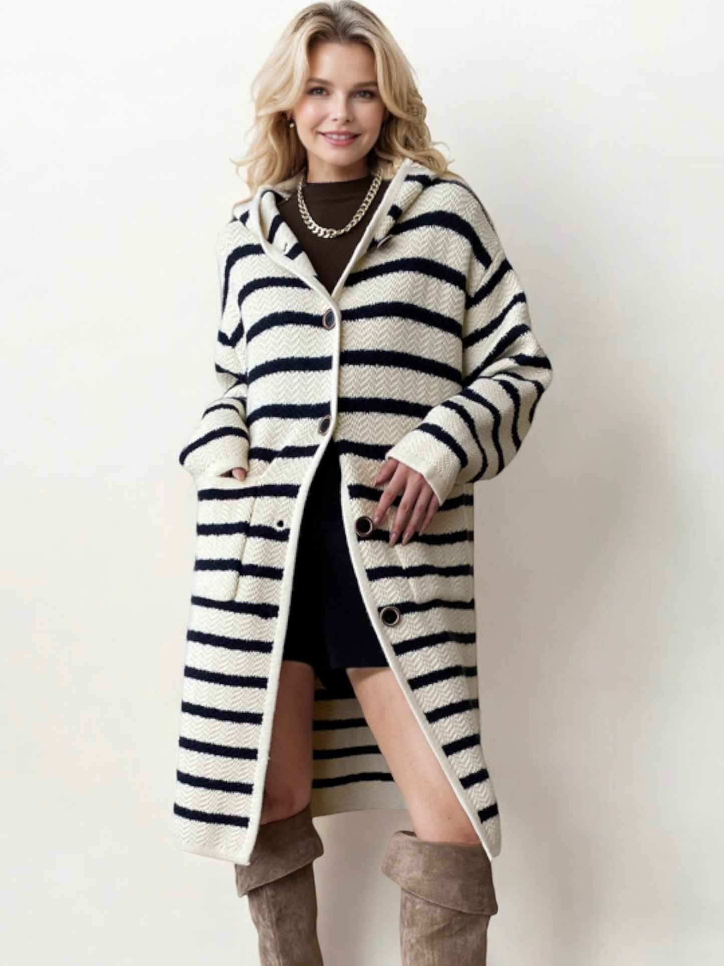 Striped Hooded Long Cardigan with Button Front Closure