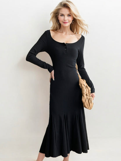 Long Sleeve Flared Hem Maxi Dress with Button Detail