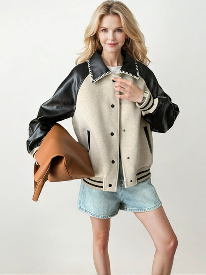 Varsity Bomber Jacket with Faux Leather Sleeves and Contrast Trim