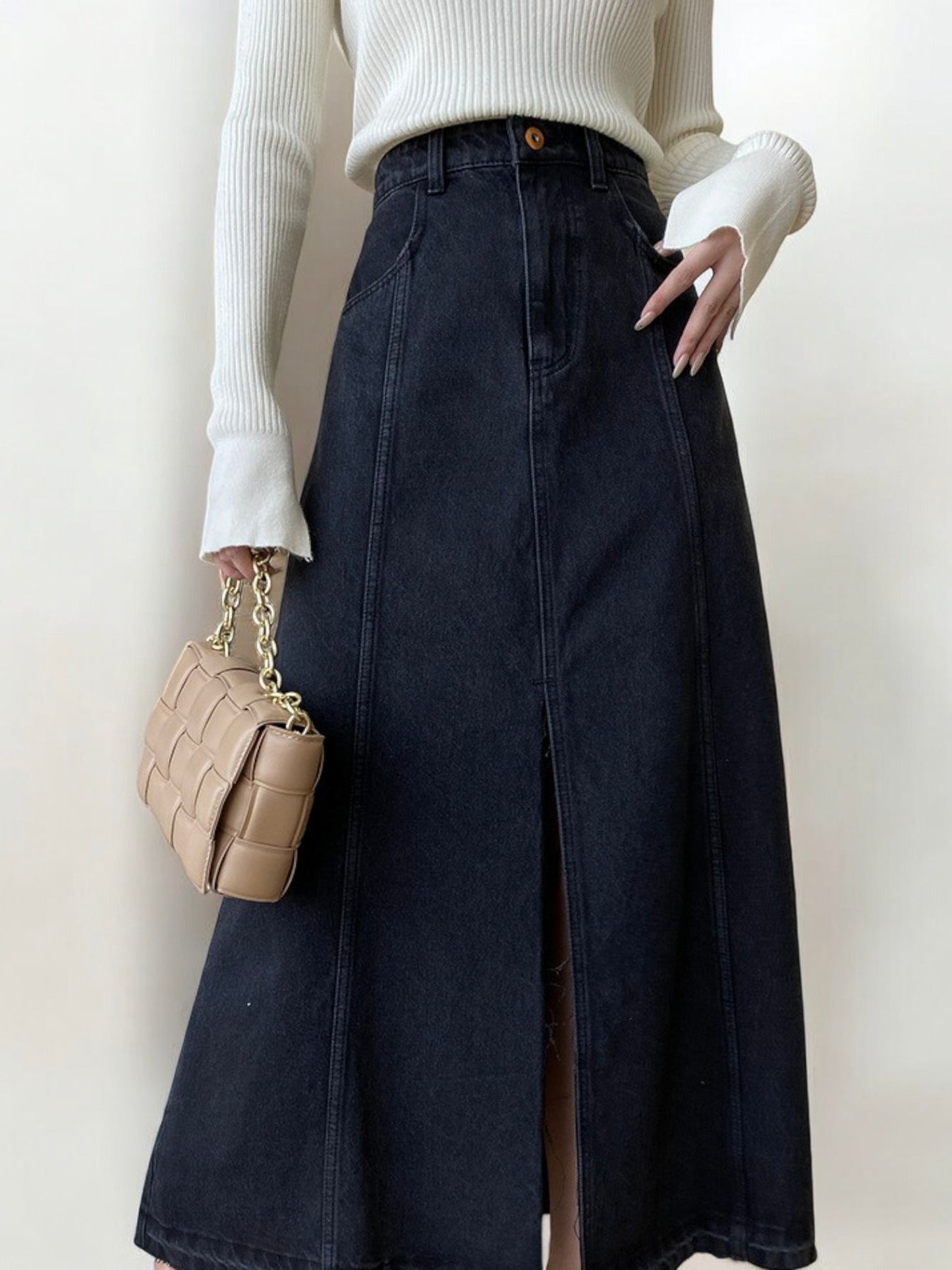 High Waist Denim Midi Skirt with Front Slit and Seam Detailing