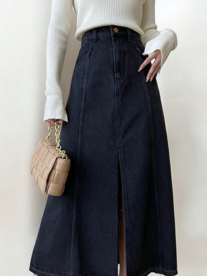 High Waist Denim Midi Skirt with Front Slit and Seam Detailing