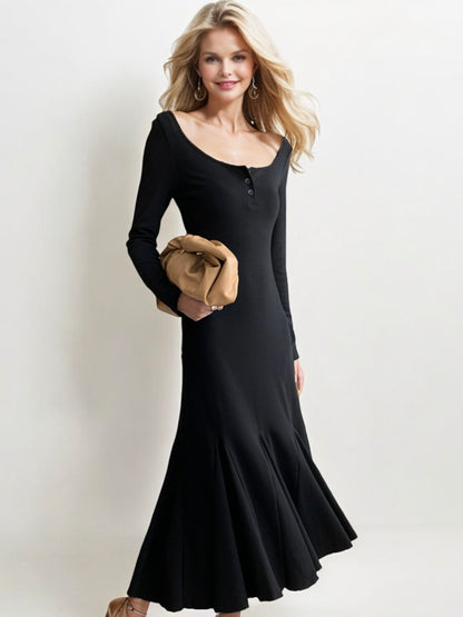 Long Sleeve Flared Hem Maxi Dress with Button Detail