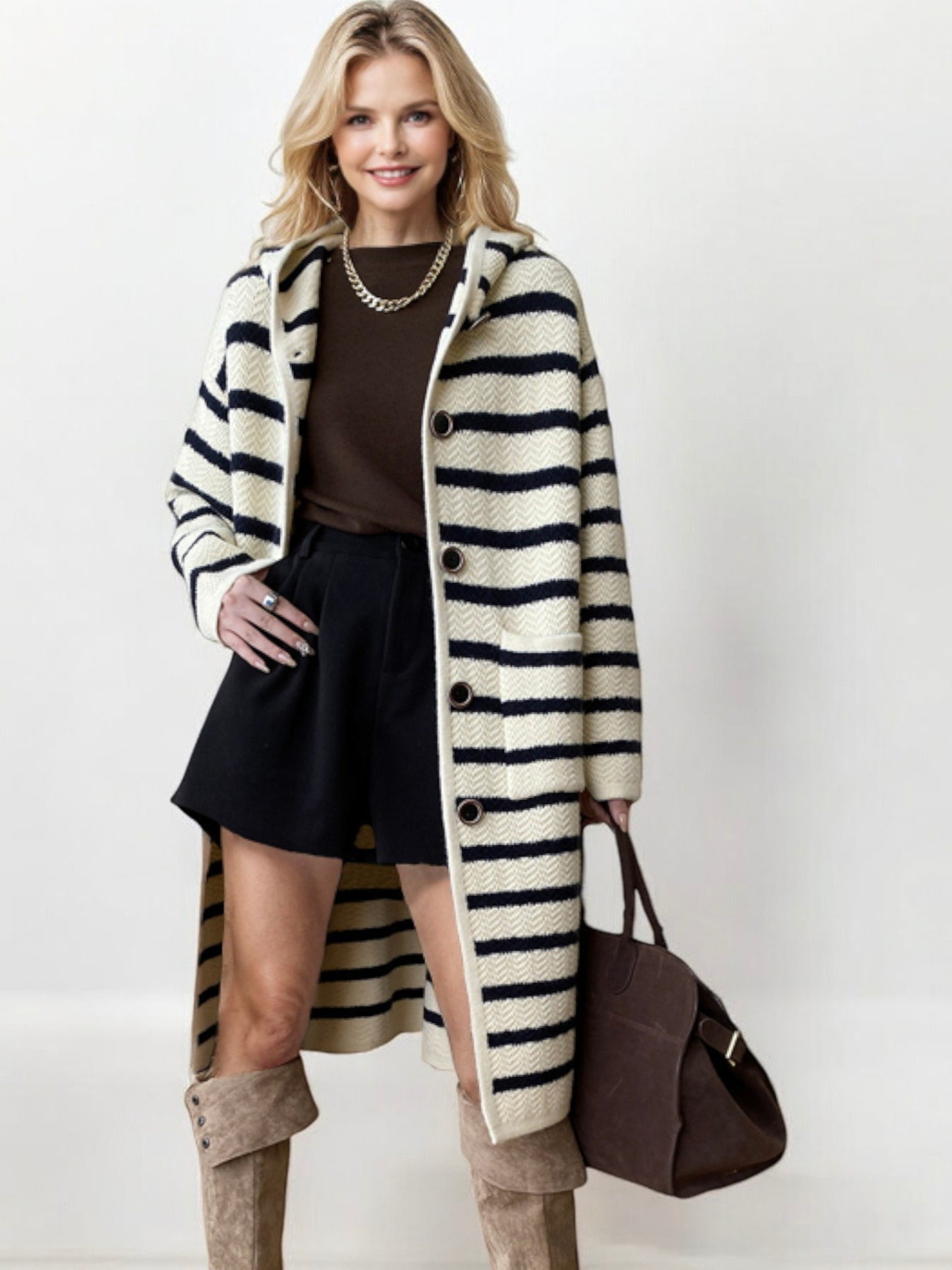 Striped Hooded Long Cardigan with Button Front Closure