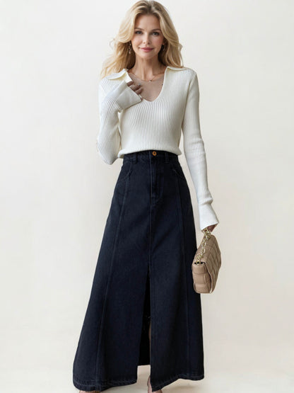 High Waist Denim Midi Skirt with Front Slit and Seam Detailing