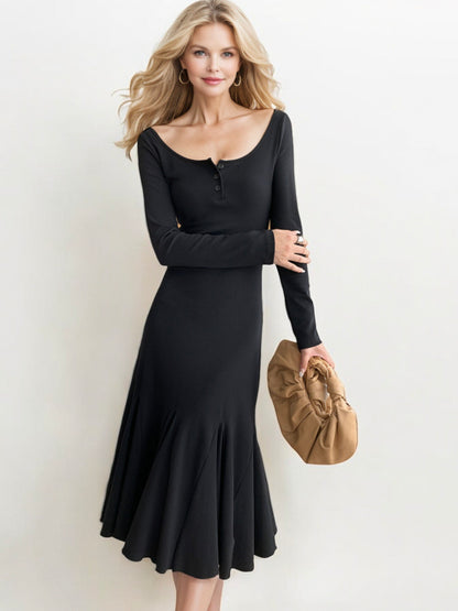 Long Sleeve Flared Hem Maxi Dress with Button Detail