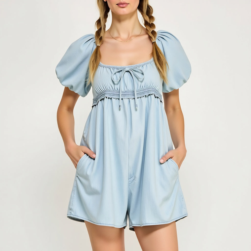 Light Blue Puff Sleeve Romper with Tie Front and Relaxed Flowy Fit