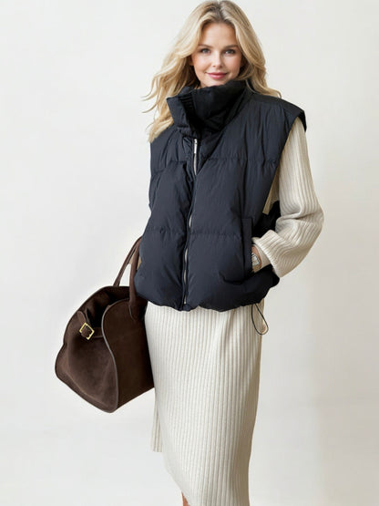 Oversized Puffer Vest with High Collar and Zipper Closure