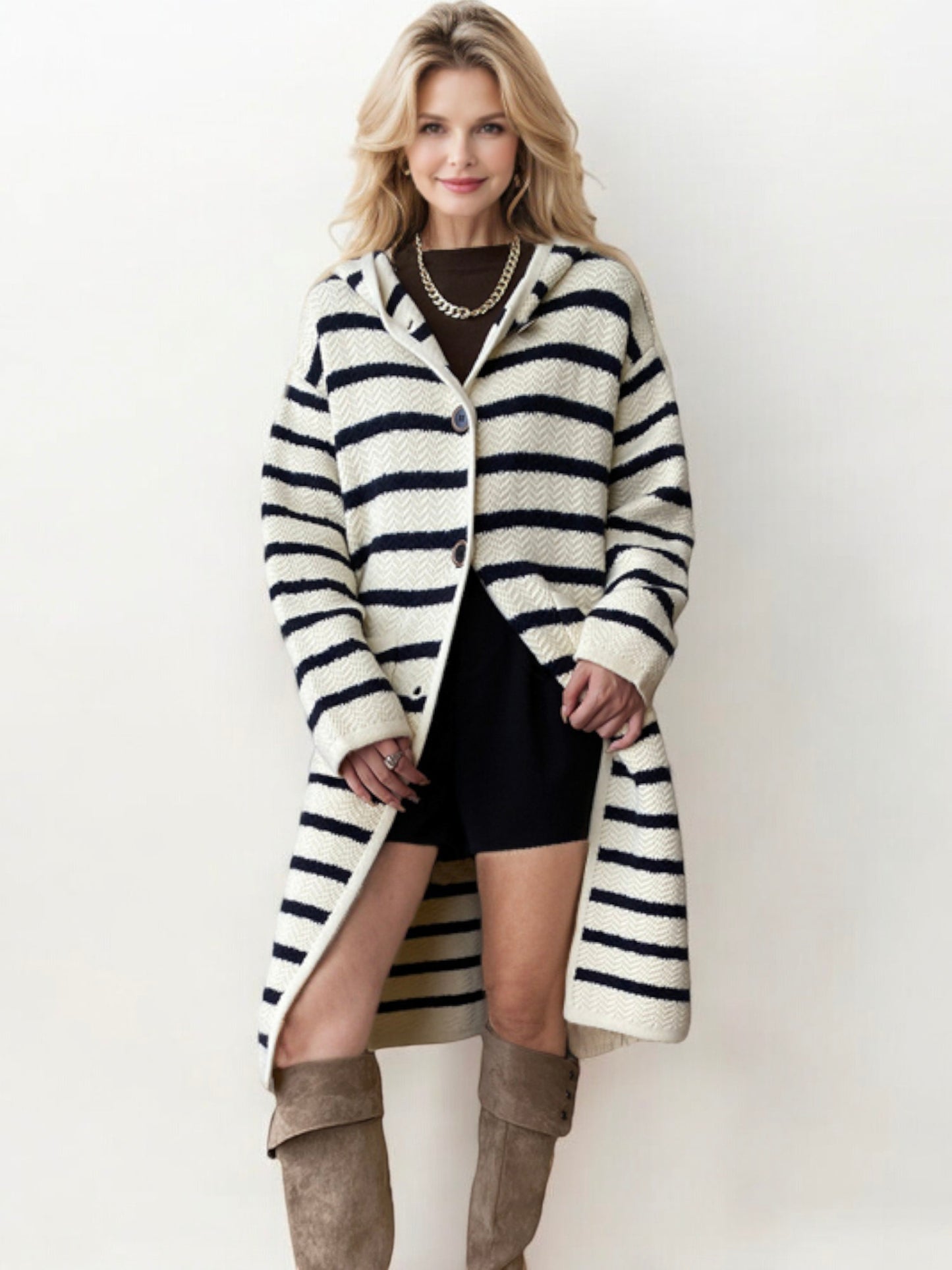 Striped Hooded Long Cardigan with Button Front Closure