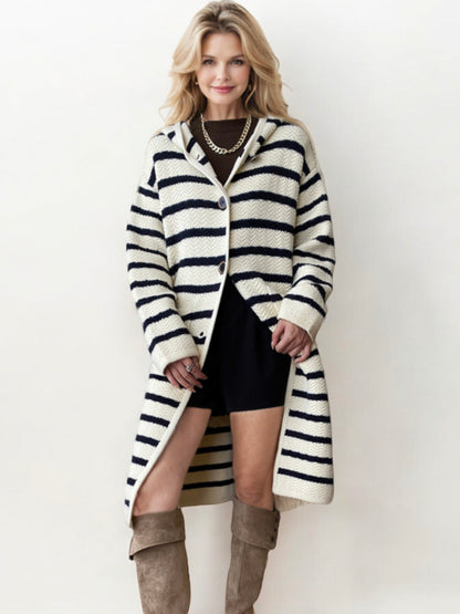 Striped Hooded Long Cardigan with Button Front Closure