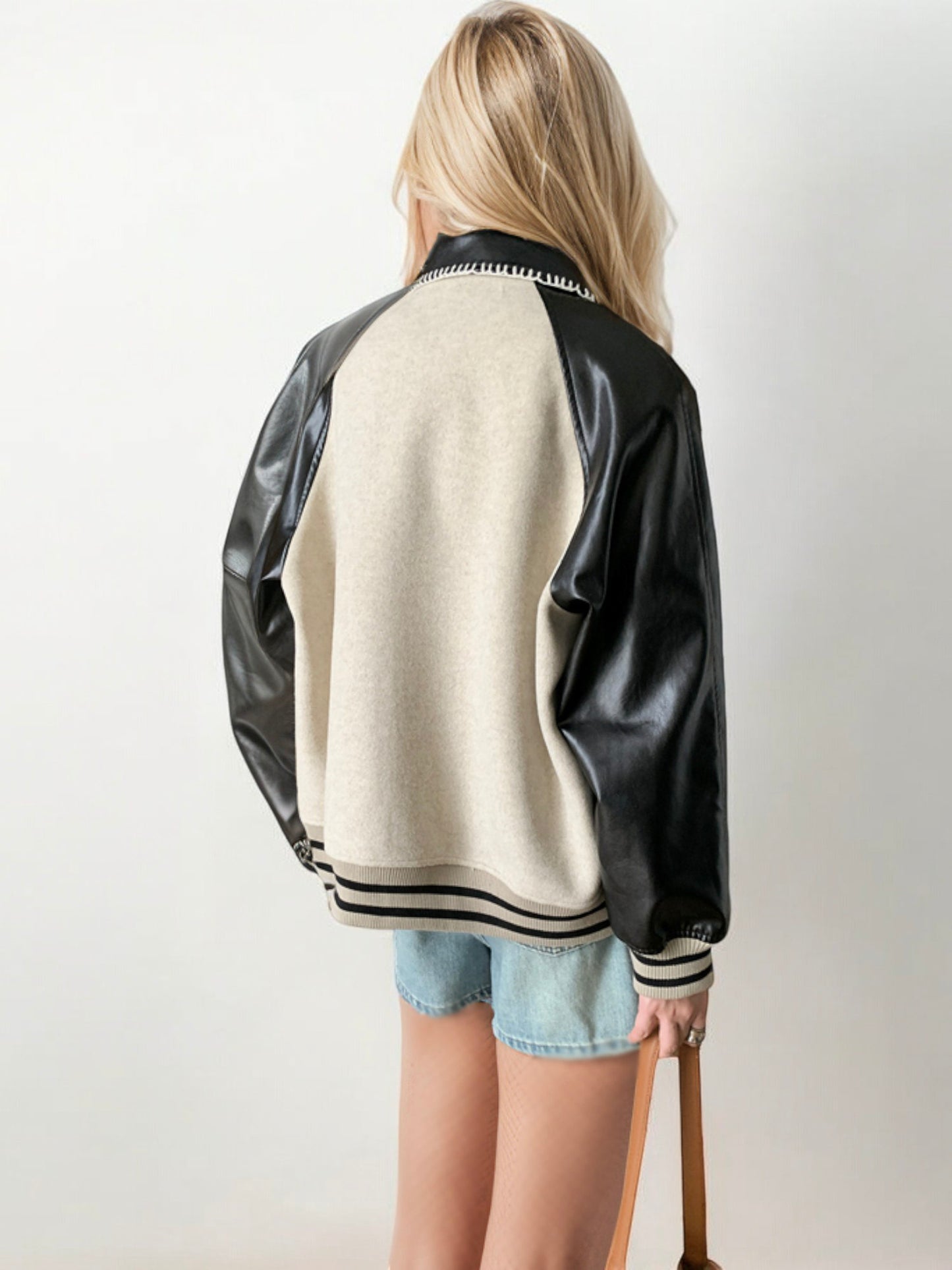 Varsity Bomber Jacket with Faux Leather Sleeves and Contrast Trim