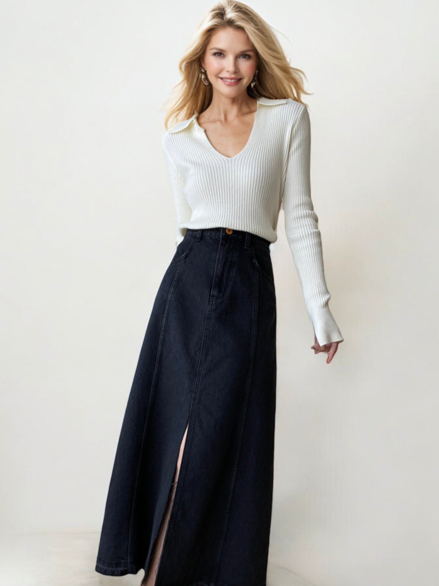 High Waist Denim Midi Skirt with Front Slit and Seam Detailing