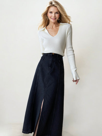 High Waist Denim Midi Skirt with Front Slit and Seam Detailing