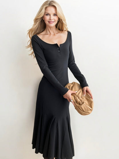 Long Sleeve Flared Hem Maxi Dress with Button Detail