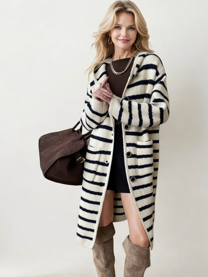 Striped Hooded Long Cardigan with Button Front Closure