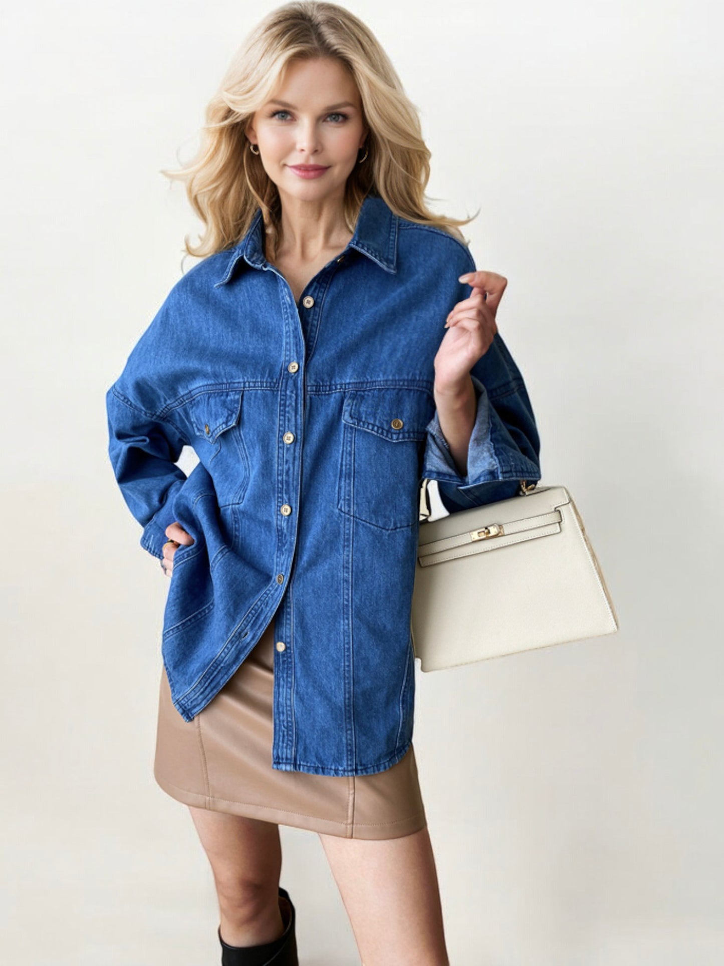 Oversized Button-Up Denim Shirt Jacket with Front Pocket Details