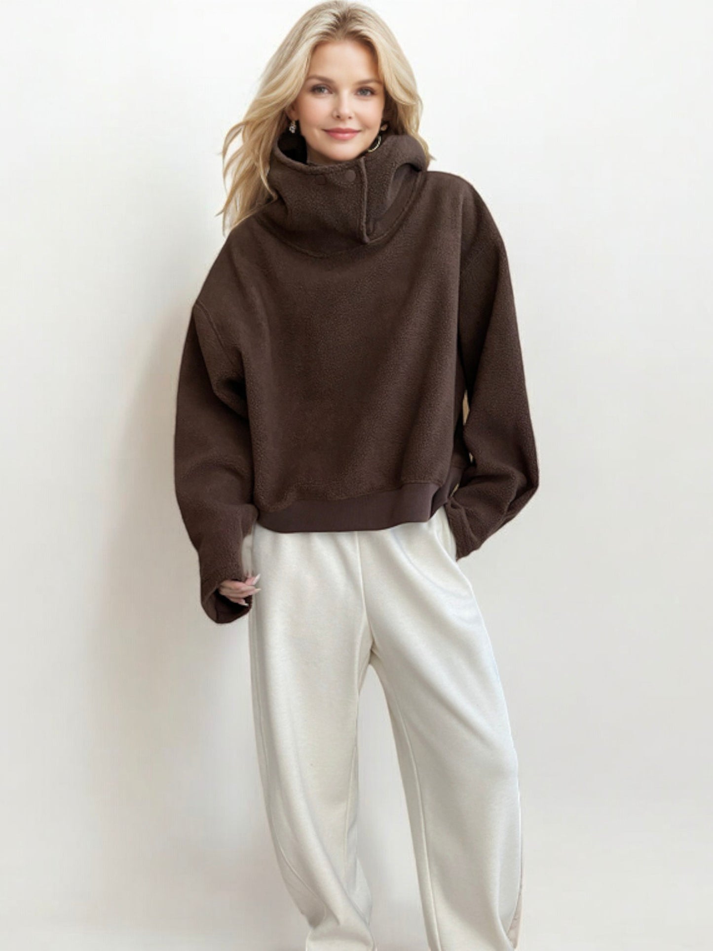 Oversized Sherpa Pullover with Funnel Neck and Button Detail